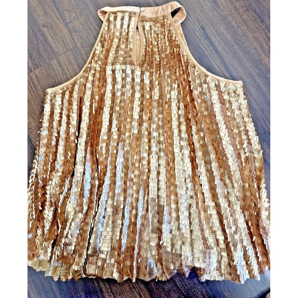 T Tahari Women's Chunky Sequined Pleated Halter Neck Party Top Blouse Gold 10 - Picture 6 of 9